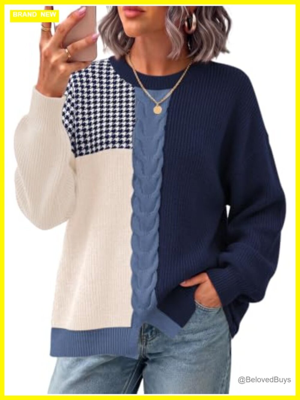 Women's Contrast Cable Knit Sweater Soft Pullover